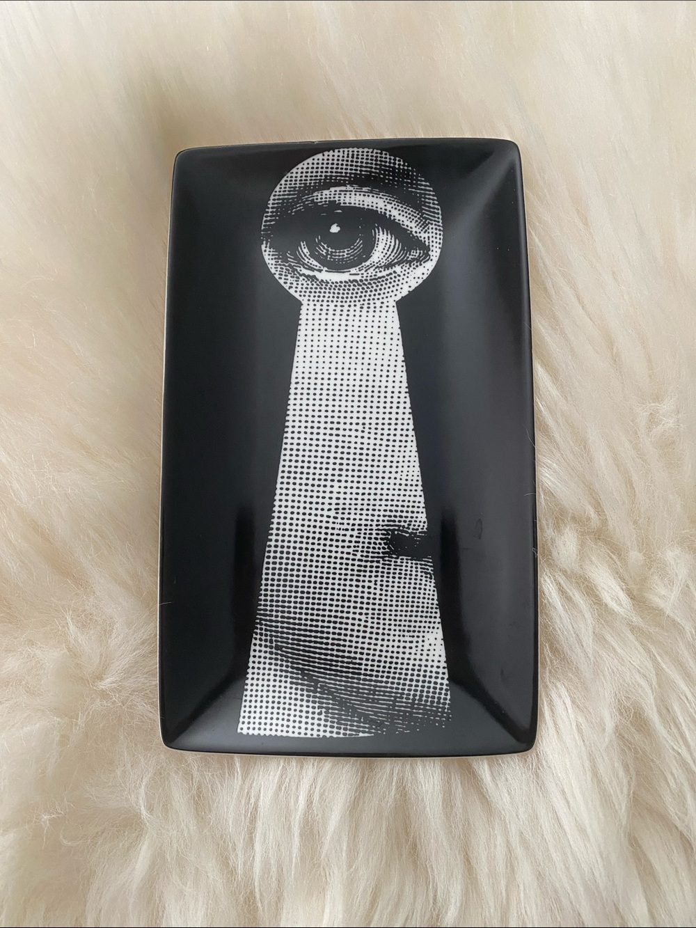Piero Fornasetti Style Lina Cavalieri Printed Silenzio Oblong Tray Face Dish 8”